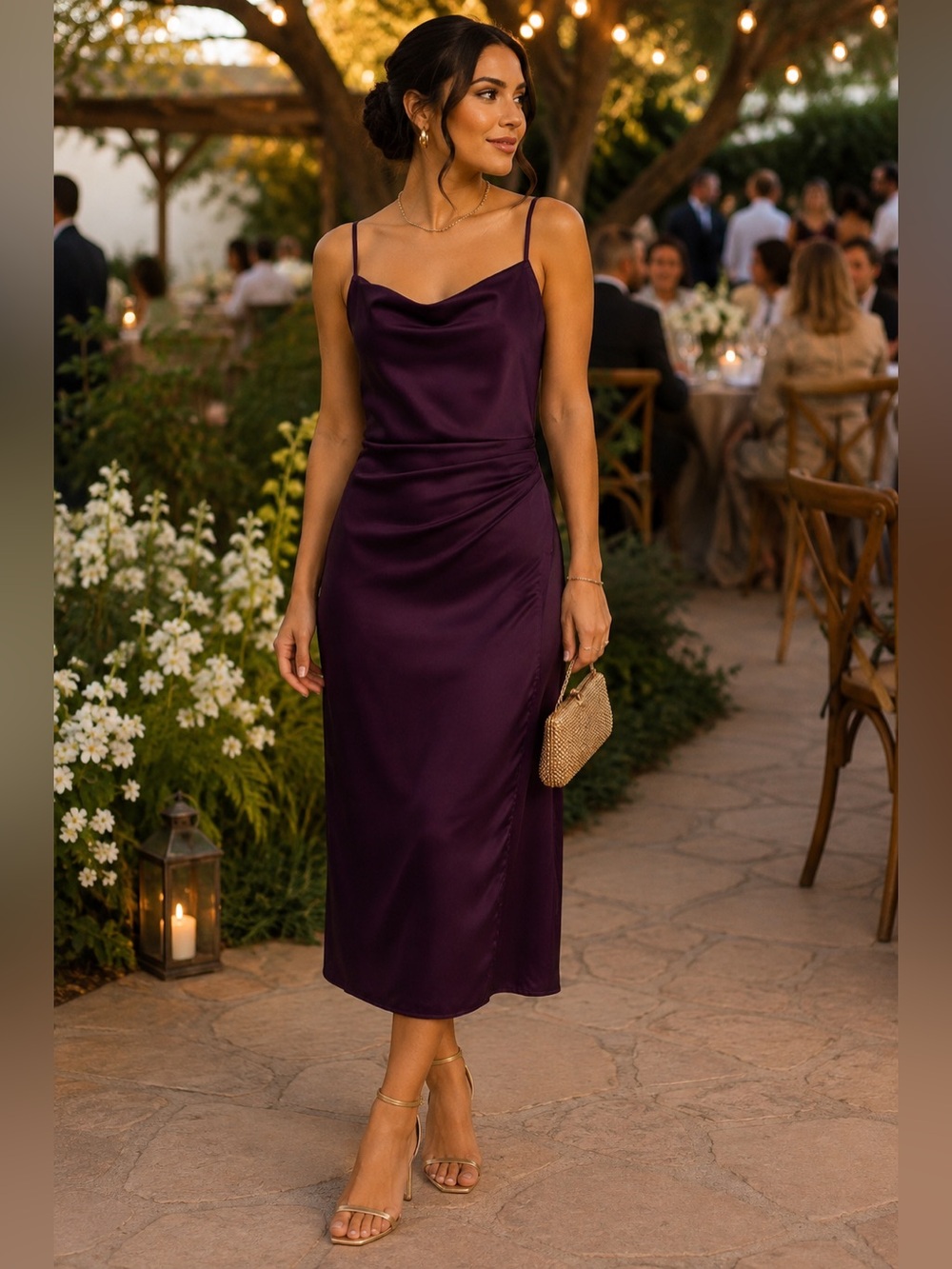 Lulus NWT Small Burgundy Satin Cowl Neck Midi Slip Dress Wedding Cocktail Ruched